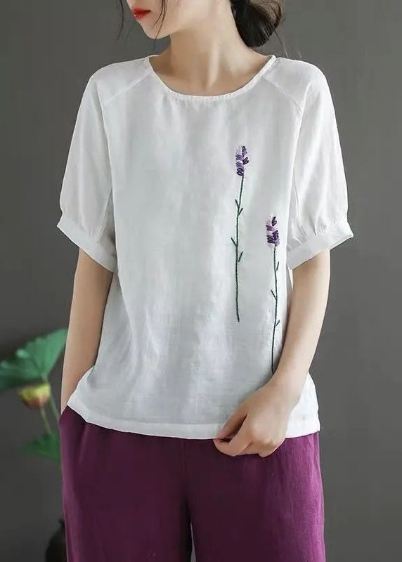 Organic White O-neck Embroidered Linen Tank Tops Short Sleeve