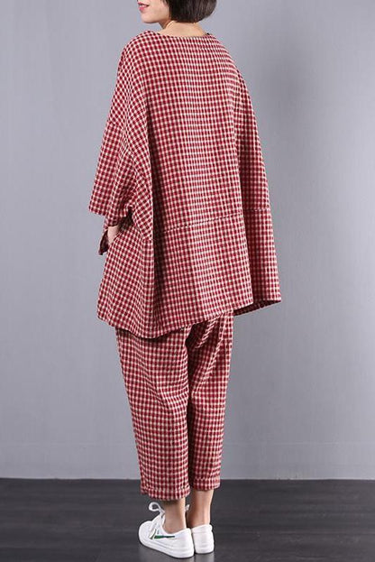 Limited Stock- Cotton Linen Plaid Retro Blouse and Pants