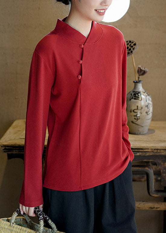 Red Stand Collar Warm Cotton Shirt Spring