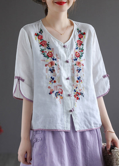 Modern White V Neck Embroidered Button Linen Shirt Half Sleeve