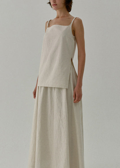 Beige Zip Up Linen Strap Tank Top Sleeveless