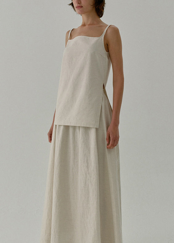 Beige Zip Up Linen Strap Tank Top Sleeveless