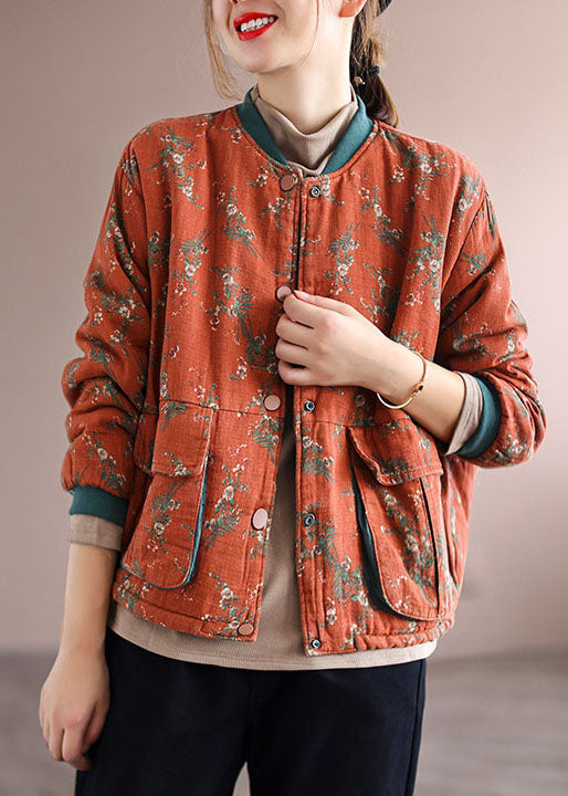 Orange Pockets Print Fine Cotton Filled Coats Spring