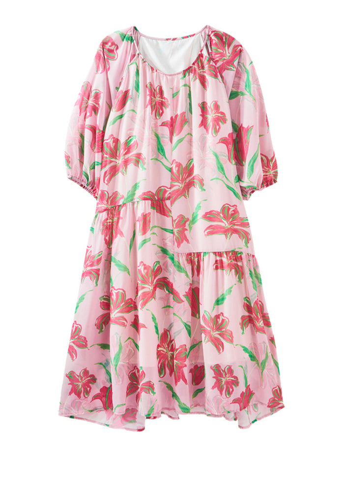 Pink Print Patchwork Chiffon Long Holiday Dress Summer