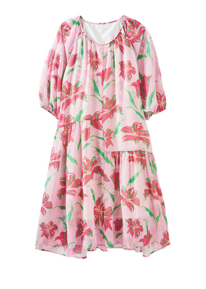 Pink Print Patchwork Chiffon Long Holiday Dress Summer