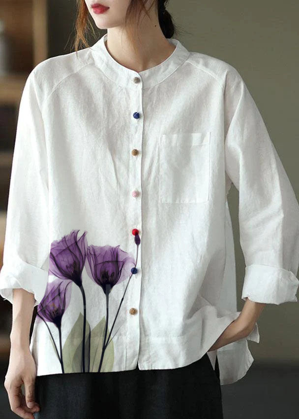 Modern White-gray Flower Loose Patchwork Pockets Fall Long Sleeve Blouse Top