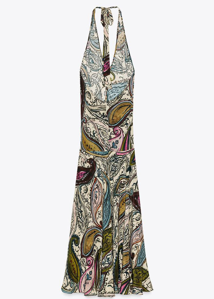 Backless Print Lace Up Cotton Maxi Dress Sleeveless