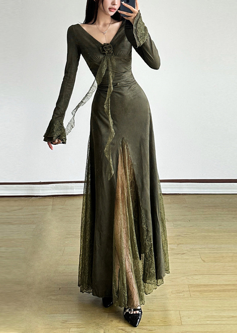 Blackish Green Patchwork Lace Long Dress Flare Sleeve