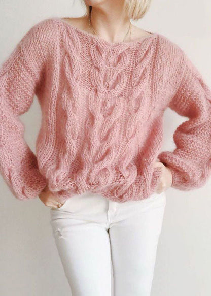 Pink Slash Neck Hollow Out Knit Sweaters Winter