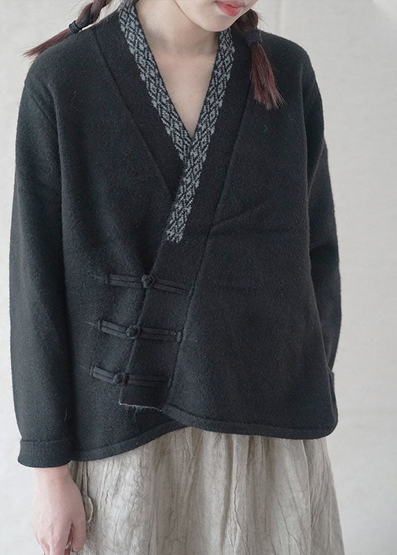 Simple Black Button Embroidered Asymmetrical Design Fall Knit Sweater