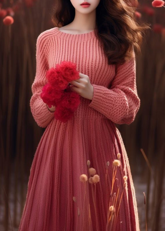 Pink O Neck High Waist Knit Sweater Dress Winter