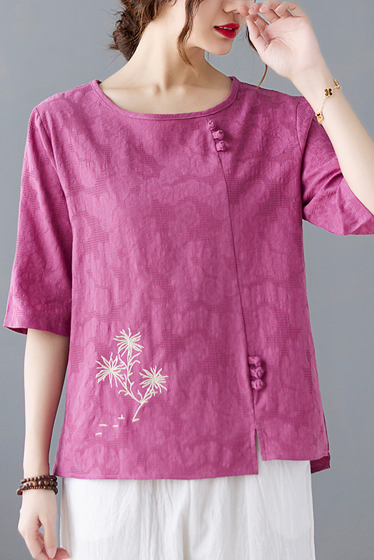 -summer Embroidered Cotton T-shirt Loose Mid Sleeve Tops