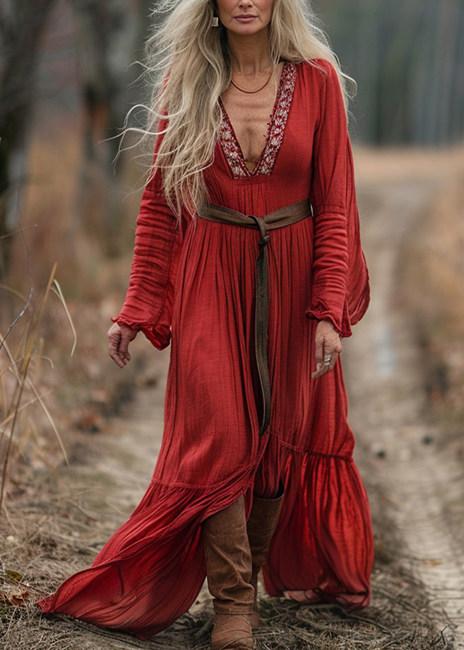 Red V Neck Patchwork Cotton Dress Long Sleeve