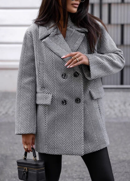 Black Grey Peter Pan Collar Striped Woolen Coat Winter