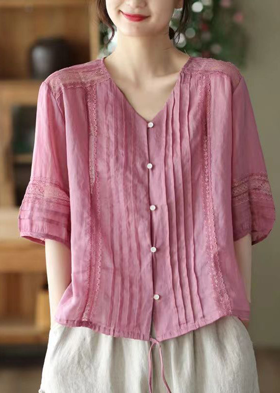 Rose V Neck Wrinkled Patchwork Linen Shirt Top Summer