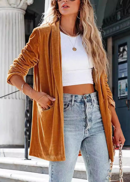 Gold Peter Pan Collar Pockets Velvet Coat Fall