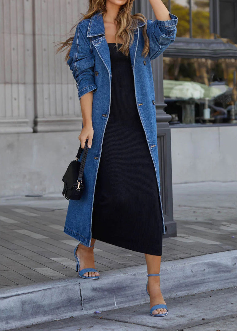 Italian Blue Notched Pockets Tie Waist Denim Long Trench Fall