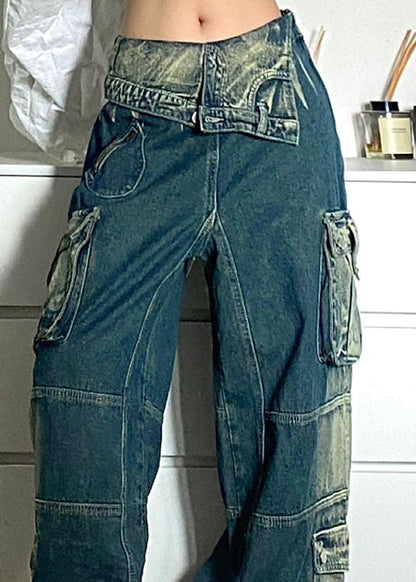Blue Pockets Patchwork Denim Fall Pants High Waist