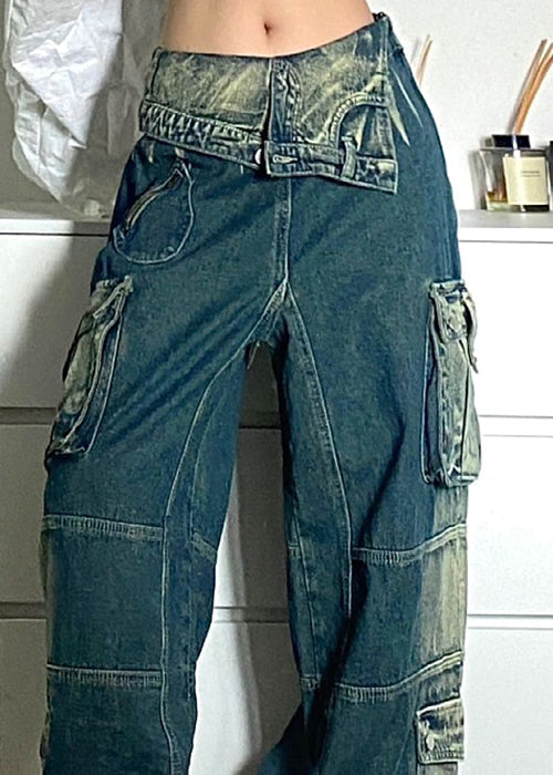 Blue Pockets Patchwork Denim Fall Pants High Waist