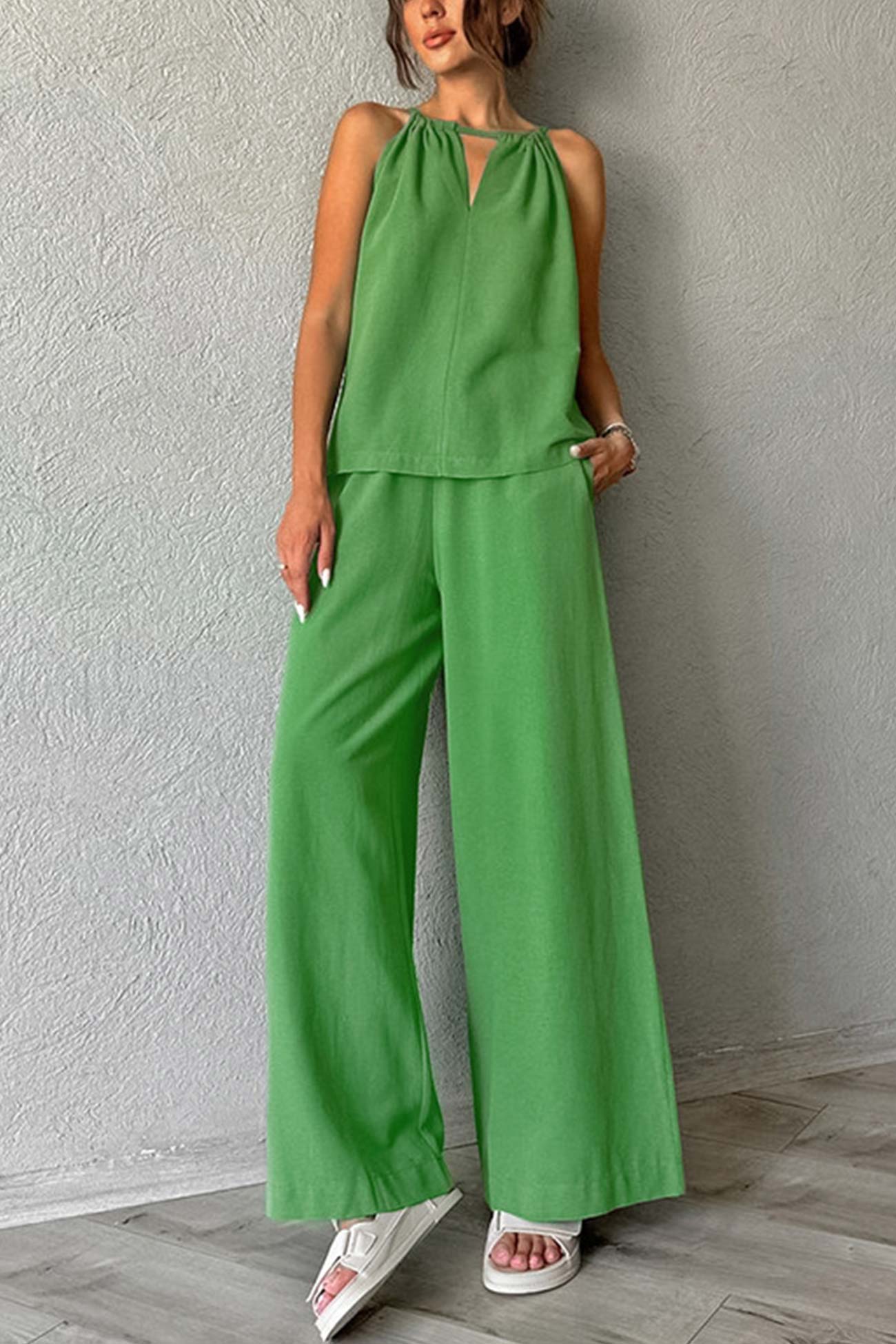 Tie-up Cutout Cotton Tank Top Long Pants Suits