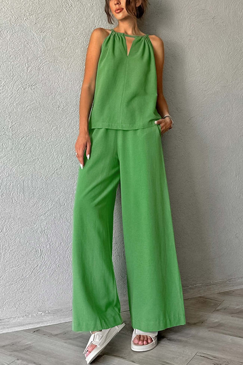 Tie-up Cutout Cotton Tank Top Long Pants Suits