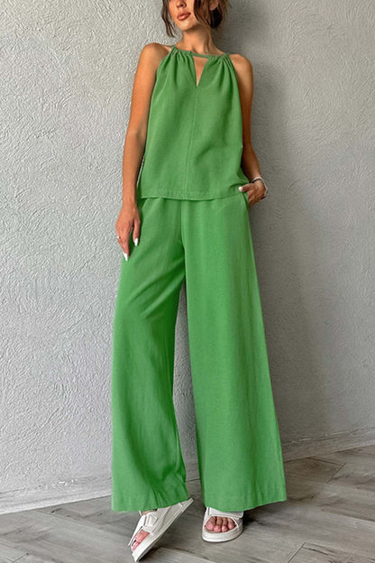 Tie-up Cutout Cotton Tank Top Long Pants Suits