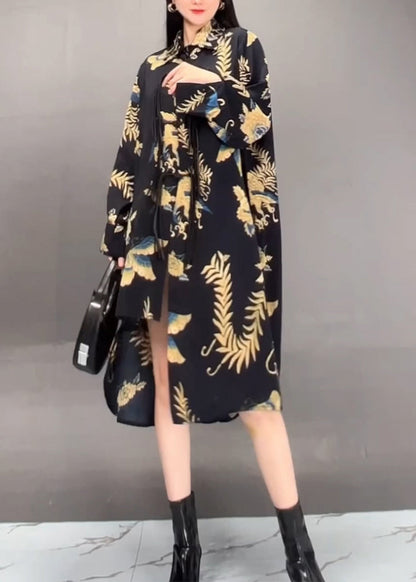 Black Peter Pan Collar Asymmetrical Print Long Dress Fall