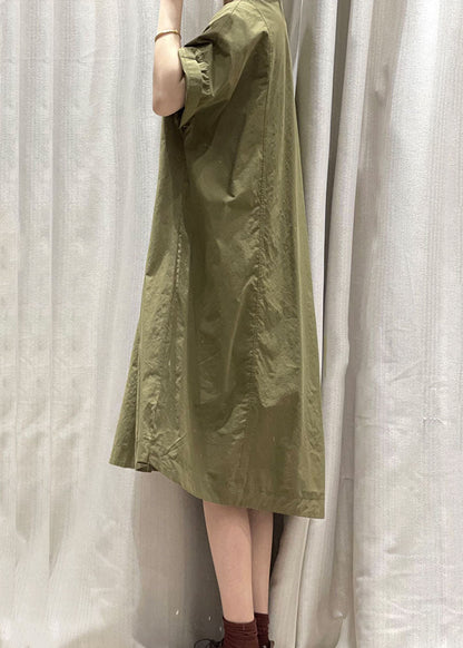 Army Green O Neck Pockets Patchwork Cotton Mid Dress Summer