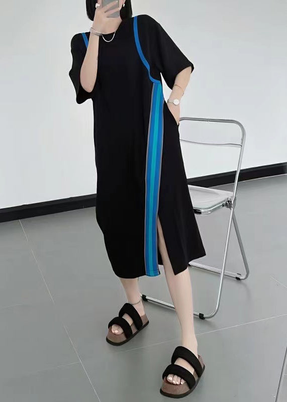 Natural Black O-neck Asymmetrical Patchwork Cotton Dresses Summer