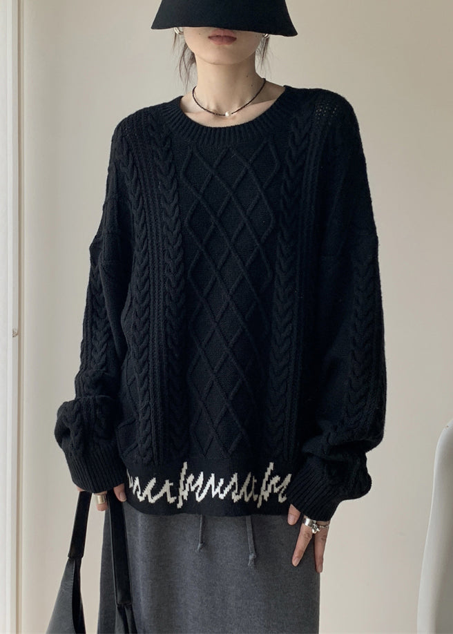 French Black O-neck Letter Cable Knit Sweaters Winter