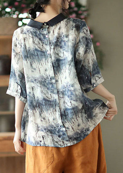 Blue Peter Pan Collar Button Linen Shirt Tops Half Sleeve