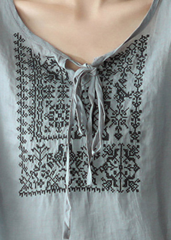 Brief Dusty Blue O-neck Embroidered Lace Up Linen Tops Half Sleeve