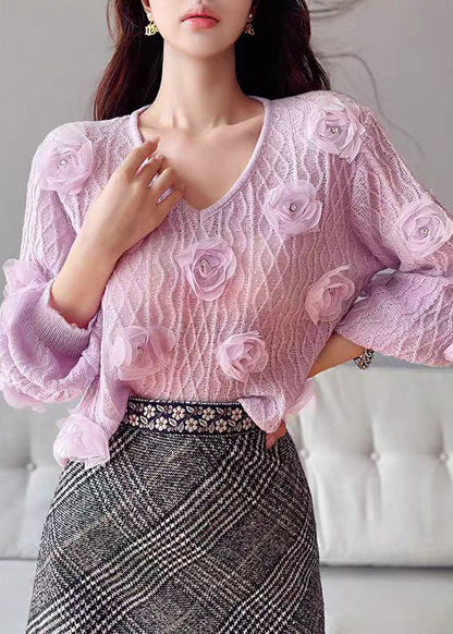 Purple V Neck Knit Sweater Lantern Sleeve