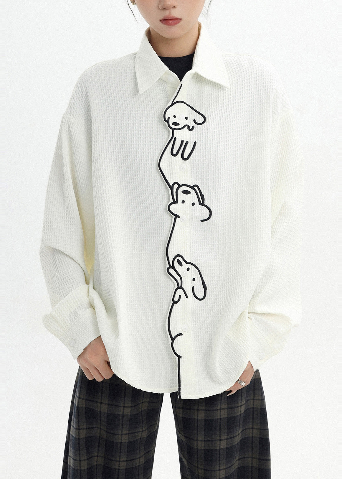 White Little Dog Embroidered Cotton Shirt Spring