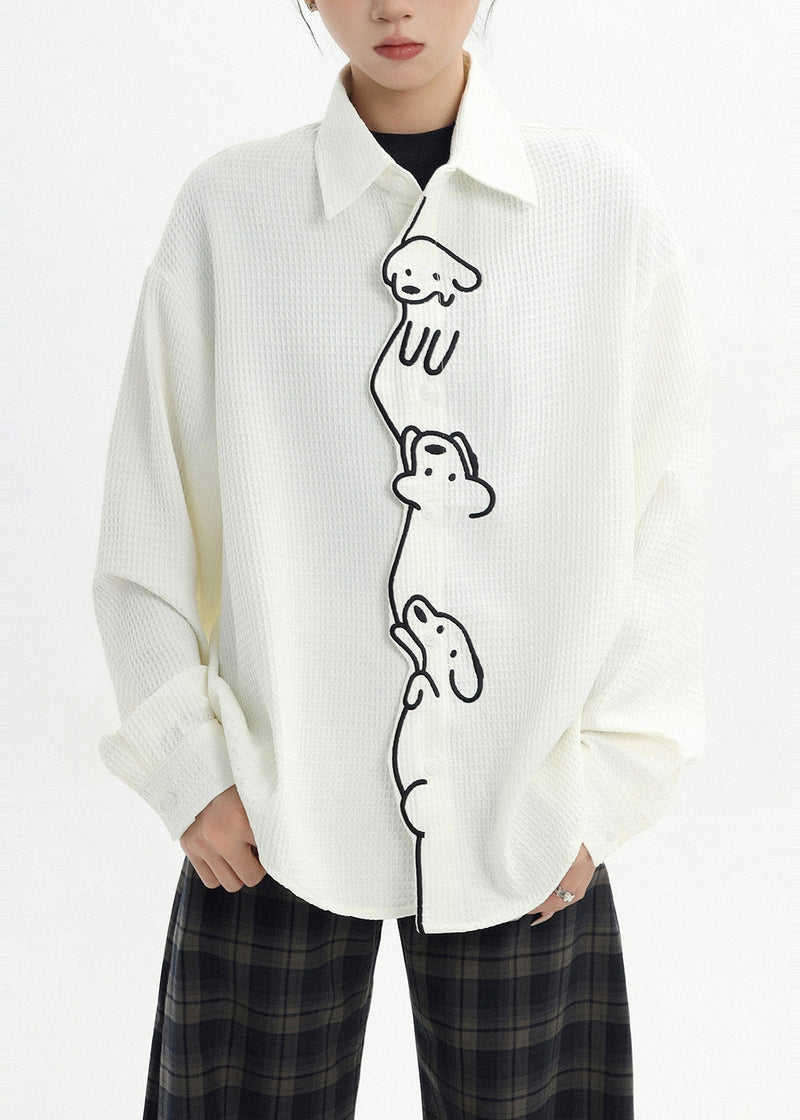 White Little Dog Embroidered Cotton Shirt Spring