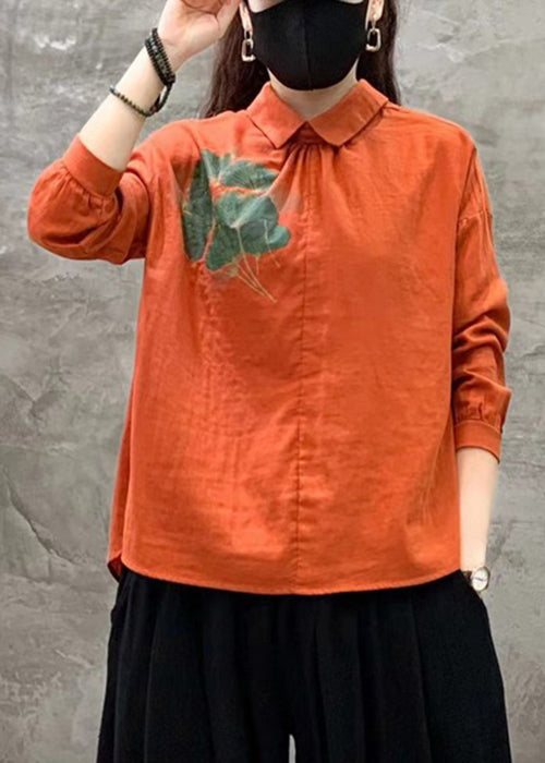 Orange Button Linen Shirt Peter Pan Collar Long Sleeve