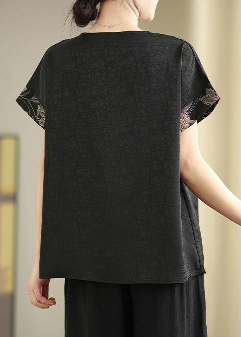 Black V Neck Patchwork Silk Shirt Tops Summer