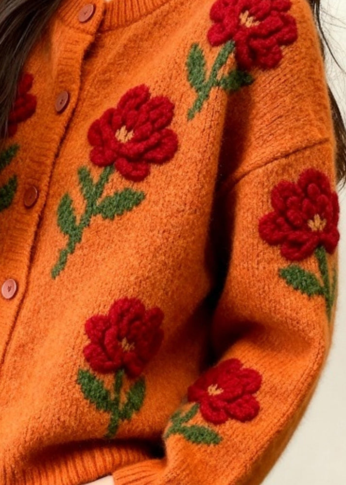 Orange O Neck Knit Loose Cardigans Fall