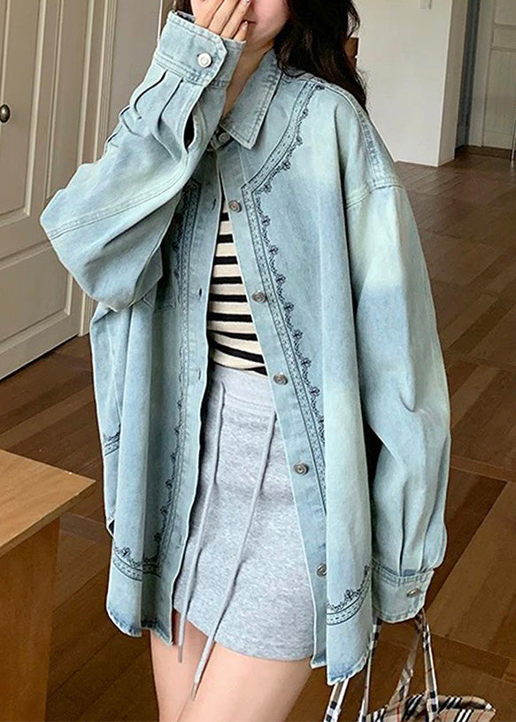 Blue Peter Pan Collar Patchwork Button Denim Shirt Fall