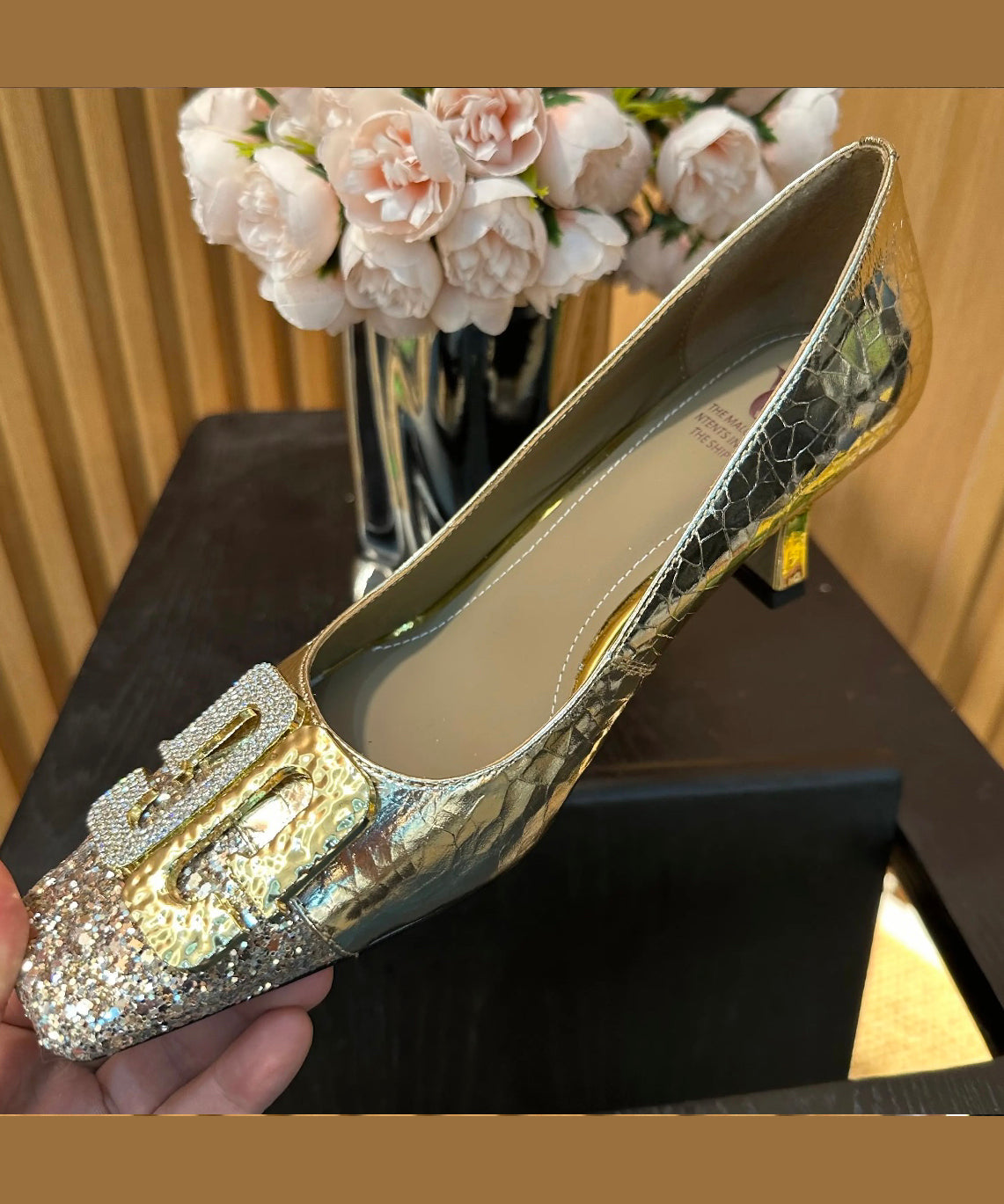 Gold Zircon Splicing Chunky High Heels Square Toe