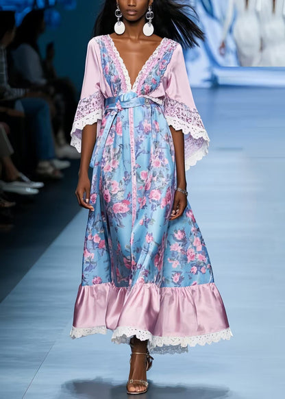 Blue Tunic Patchwork Lace Long Dress Batwing Sleeve