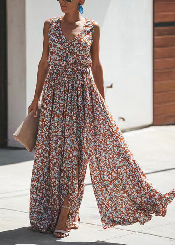 French Rust V Neck Print Wrinkled Cotton Dresses Sleeveless