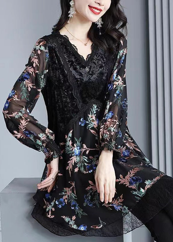 Black Velvet Print Patchwork Chiffon Dresses Spring