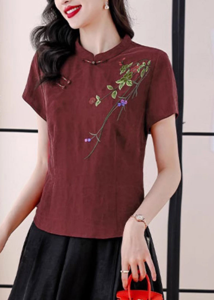 Red Stand Collar Embroidered Silk Blouses Summer