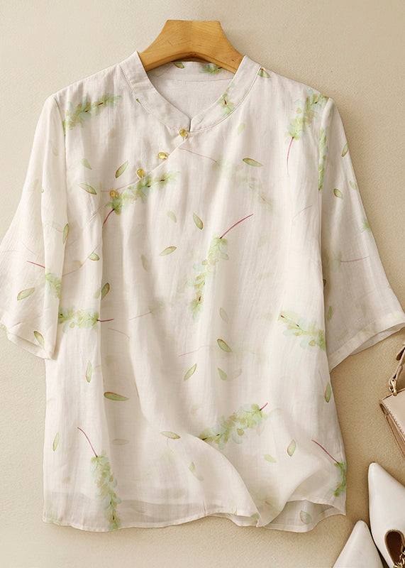 Green Stand Collar Print Linen Blouse Tops Summer