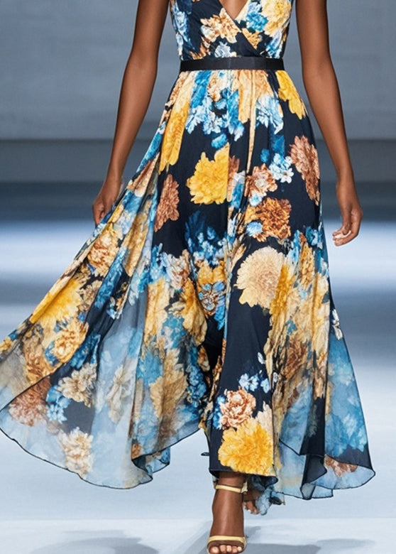 Style Black V Neck Print Chiffon Beach Dresses Summer