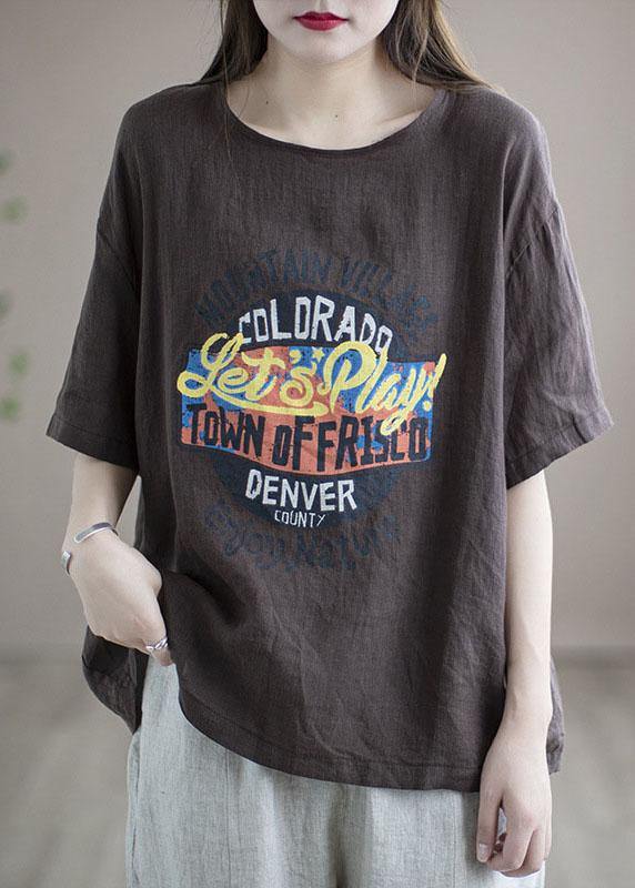 Loose Chocolate O-neck Graphic Linen T-shirt Half Sleeve