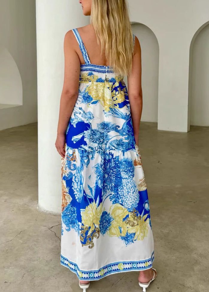 Blue Print Patchwork Cotton Spaghetti Strap Dress Summer