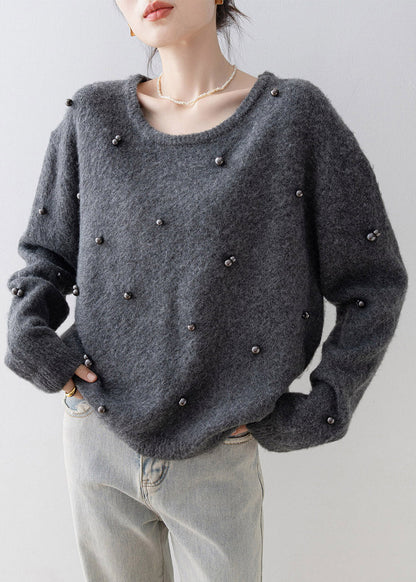 Grey O Neck Nail Bead Knit Sweater Spring