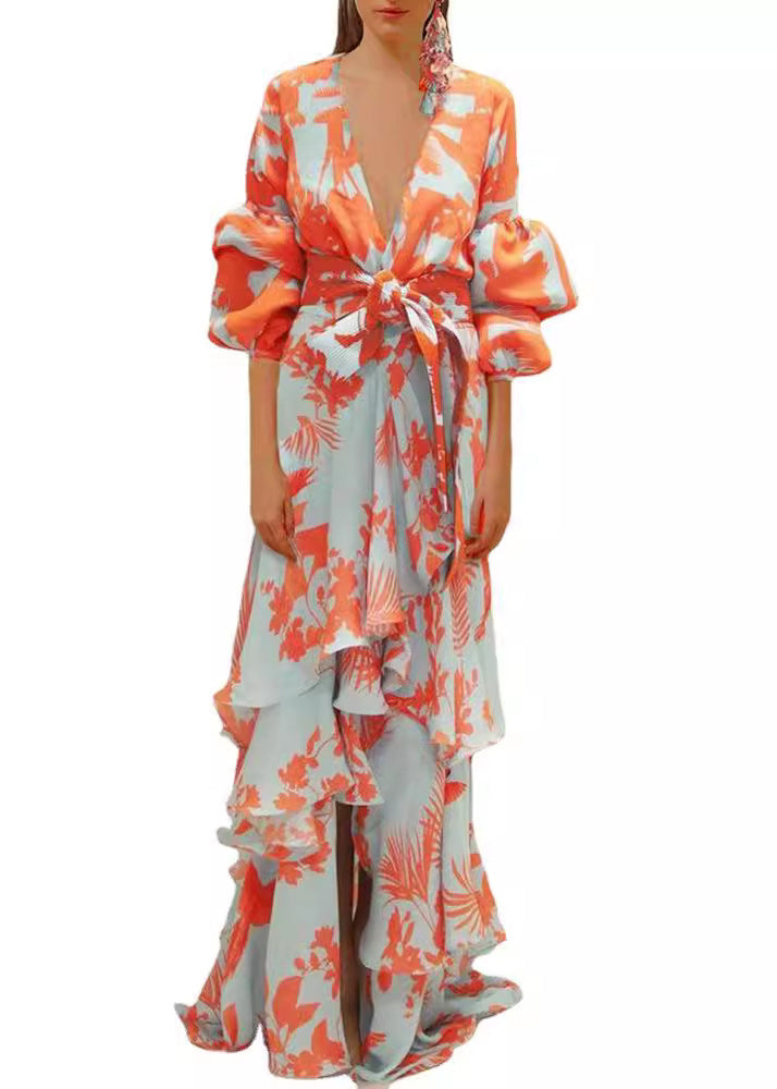 Orange V Neck Asymmetrical Designprint Chiffon Dress Spring